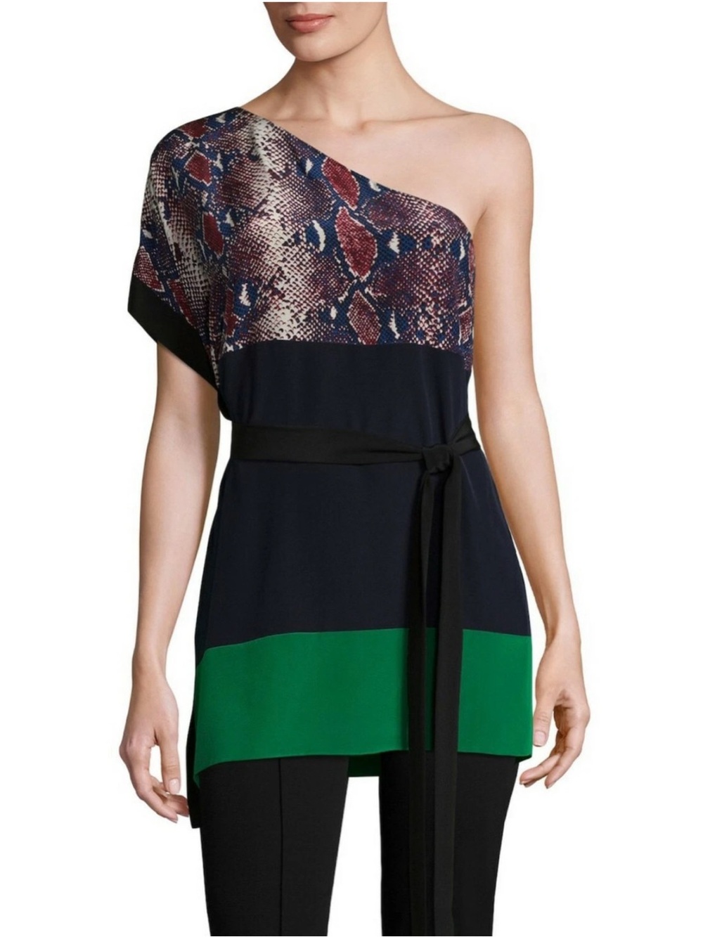 Diane von Furstenberg DVF L 100% Silk One Shoulder Snakeskin Colorblock Tunic